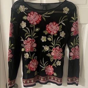 INC 90s Y2K Black Floral Mesh Top | Long Sleeve Sheer Whimsigoth Fairy Grunge M